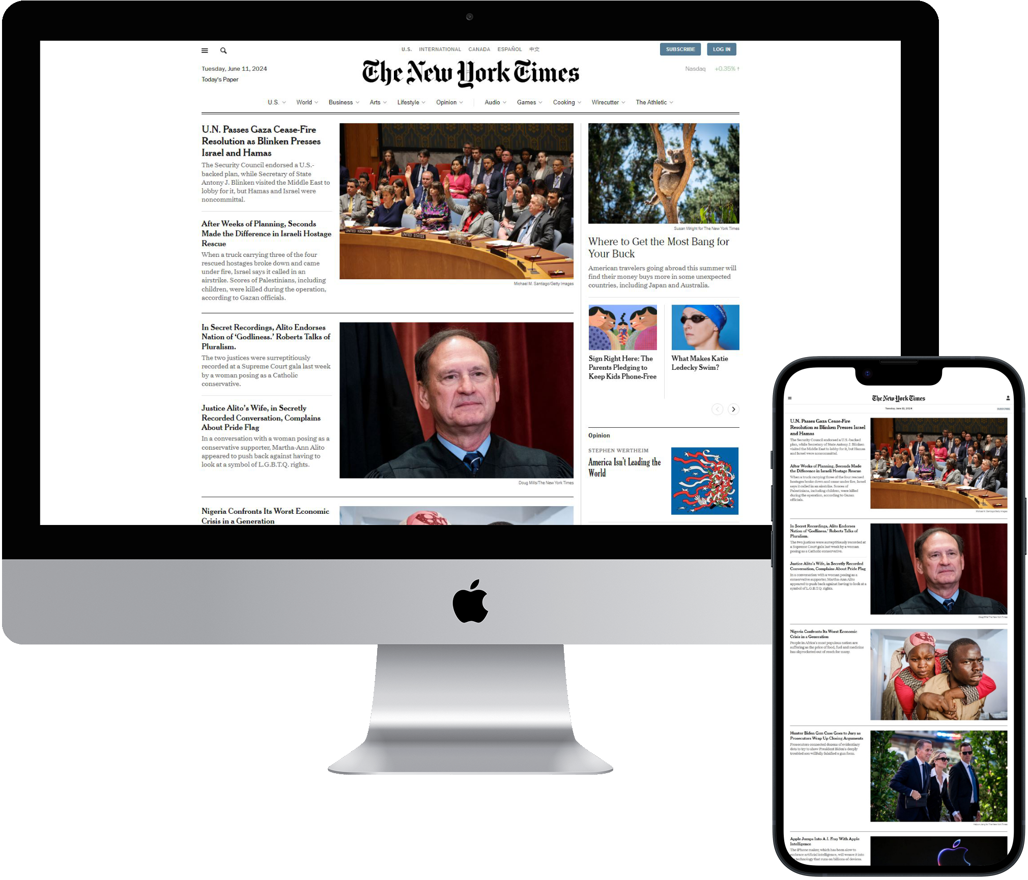 Portfolio image of New York Time's API project shown on a mobile device and PC computer.